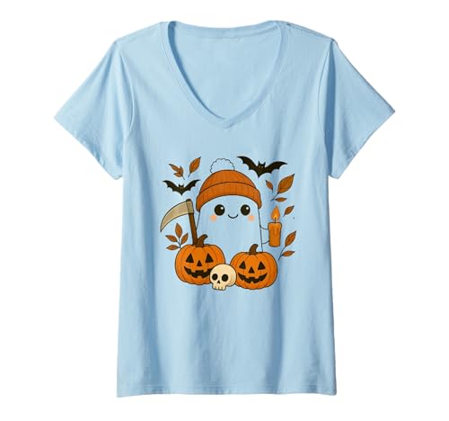 Damen Süßes Geisterhemd Herbst Kürbis T-Shirt Kaffeeliebhaber Damen Herren T-Shirt mit V-Ausschnitt von Funny Ghost Pumpkin Halloween Shirt Women Men Kids