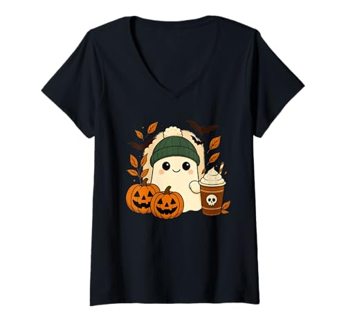Damen Süßes Geisterhemd Herbst Kürbis T-Shirt Kaffeeliebhaber Damen Herren T-Shirt mit V-Ausschnitt Damen Süßes Geisterhemd Herbst Kürbis T-Shirt Kaffeeliebhaber Damen Herren T-Shirt mit V-Ausschnitt von Funny Ghost Pumpkin Halloween Shirt Women Men Kids