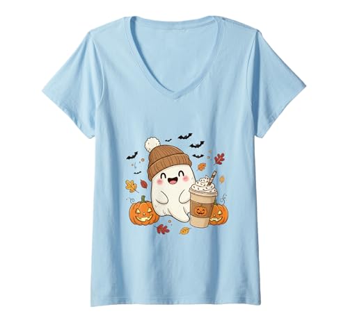 Damen Süßes Geisterhemd Herbst Kürbis T-Shirt Kaffeeliebhaber Damen Herren T-Shirt mit V-Ausschnitt Damen Süßes Geisterhemd Herbst Kürbis T-Shirt Kaffeeliebhaber Damen Herren T-Shirt mit V-Ausschnitt von Funny Ghost Pumpkin Halloween Shirt Women Men Kids
