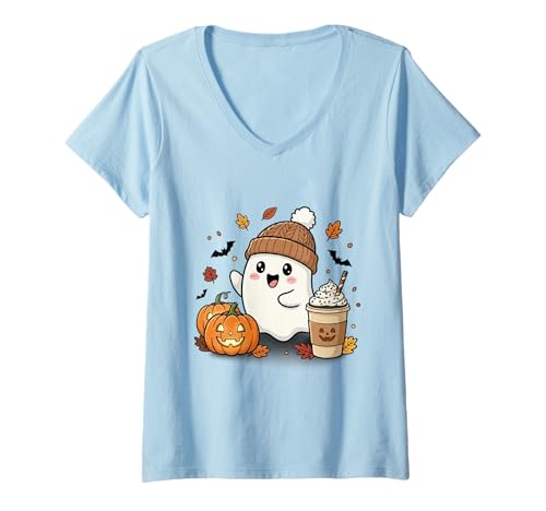 Damen Süßes Geisterhemd Herbst Kürbis T-Shirt Kaffeeliebhaber Damen Herren T-Shirt mit V-Ausschnitt Damen Süßes Geisterhemd Herbst Kürbis T-Shirt Kaffeeliebhaber Damen Herren T-Shirt mit V-Ausschnitt von Funny Ghost Pumpkin Halloween Shirt Women Men Kids