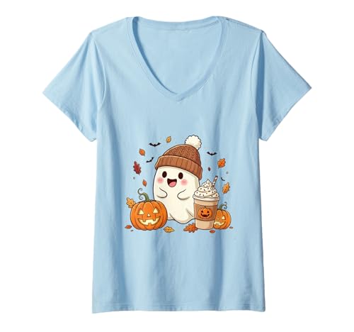 Damen Süßes Geisterhemd Herbst Kürbis T-Shirt Kaffeeliebhaber Damen Herren T-Shirt mit V-Ausschnitt Damen Süßes Geisterhemd Herbst Kürbis T-Shirt Kaffeeliebhaber Damen Herren T-Shirt mit V-Ausschnitt von Funny Ghost Pumpkin Halloween Shirt Women Men Kids