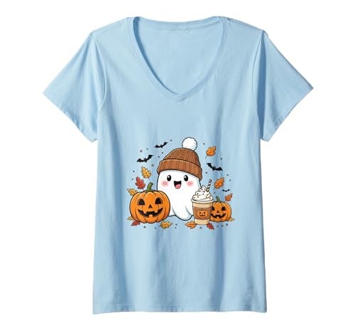 Damen Süßes Geisterhemd Herbst Kürbis T-Shirt Kaffeeliebhaber Damen Herren T-Shirt mit V-Ausschnitt Damen Süßes Geisterhemd Herbst Kürbis T-Shirt Kaffeeliebhaber Damen Herren T-Shirt mit V-Ausschnitt von Funny Ghost Pumpkin Halloween Shirt Women Men Kids