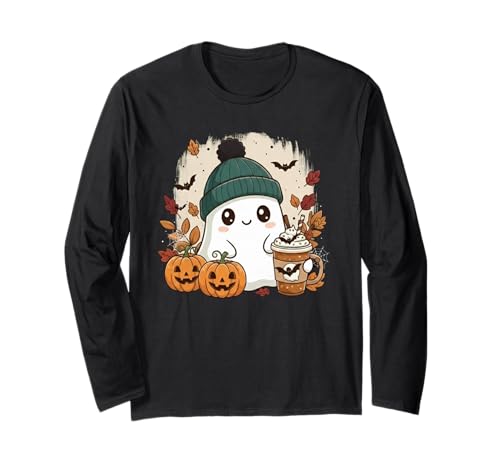Süßes Geisterhemd Herbst Kürbis T-Shirt Kaffeeliebhaber Damen Herren Langarmshirt von Funny Ghost Pumpkin Halloween Shirt Women Men Kids