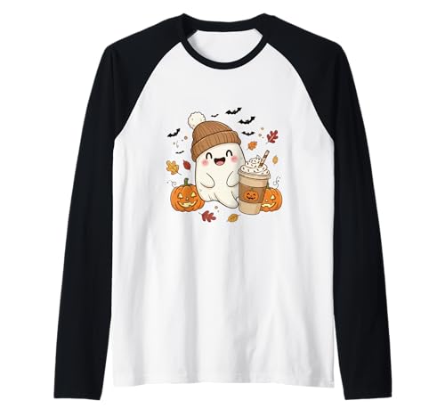 Süßes Geisterhemd Herbst Kürbis T-Shirt Kaffeeliebhaber Damen Herren Raglan von Funny Ghost Pumpkin Halloween Shirt Women Men Kids