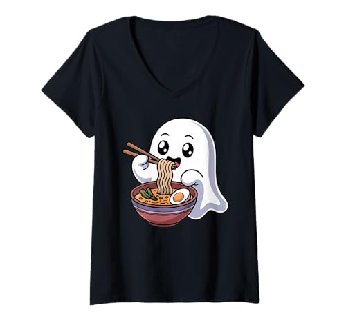 Damen Adorable Ghost Eating Ramen Japanische Kawaii Nudeln T-Shirt mit V-Ausschnitt Damen Adorable Ghost Eating Ramen Japanische Kawaii Nudeln T-Shirt mit V-Ausschnitt von Funny Ghost Ramen Lover Apparel