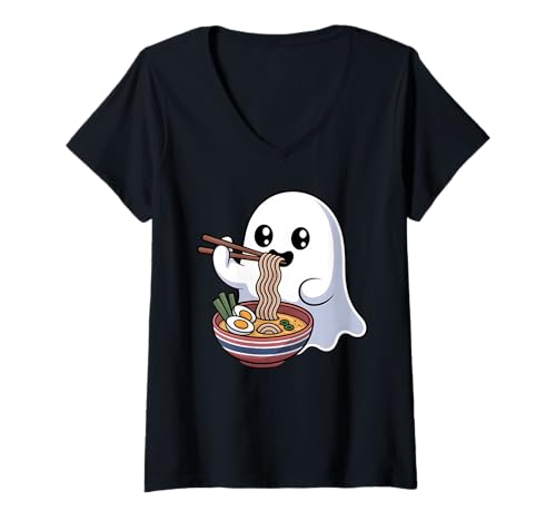 Damen Süße, gespenstische japanische Kawaii-Nudeln, die Ramen Essen T-Shirt mit V-Ausschnitt Damen Süße, gespenstische japanische Kawaii-Nudeln, die Ramen Essen T-Shirt mit V-Ausschnitt von Funny Ghost Ramen Lover Apparel