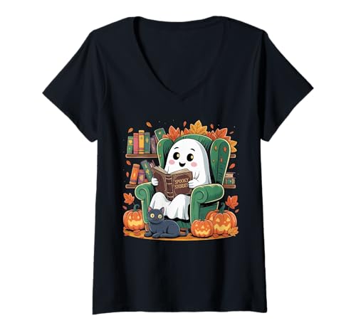 Damen Halloween Kürbis Herbst Cute Ghost Reading Book Lover T-Shirt mit V-Ausschnitt von Funny Ghost Reading Book Lover Costume Gifts Idea