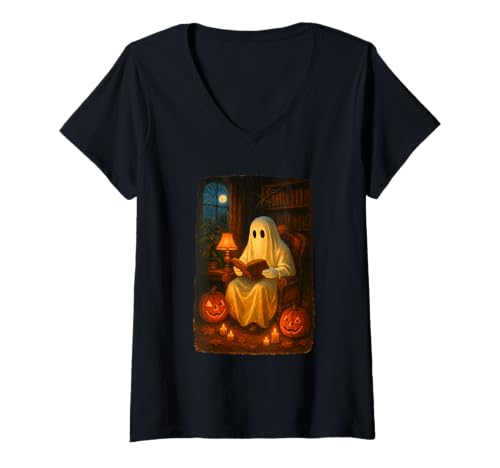 Damen Halloween Ghost Reading Books Teacher Librarian Halloween T-Shirt mit V-Ausschnitt Damen Halloween Ghost Reading Books Teacher Librarian Halloween T-Shirt mit V-Ausschnitt von Funny Ghost Reading Booooks Tops ..