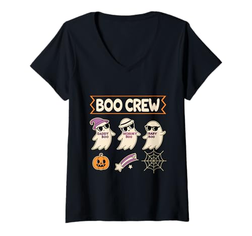 Damen Cooles Retro Ghost Family Kostüm Boo Crew Matching Halloween T-Shirt mit V-Ausschnitt von Funny Ghost Squad Design