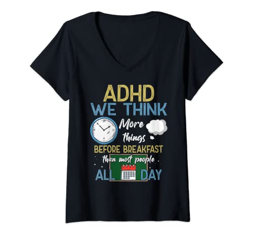 Damen ADHS We Think More Things Before Breakfast Autism Awareness T-Shirt mit V-Ausschnitt Damen ADHS We Think More Things Before Breakfast Autism Awareness T-Shirt mit V-Ausschnitt von Funny Gift For Autism Lovers Tee