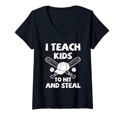 Damen Baseball Coach Kinder Training Hit and Steal Sports T-Shirt mit V-Ausschnitt von Funny Gifts For Baseball Coach