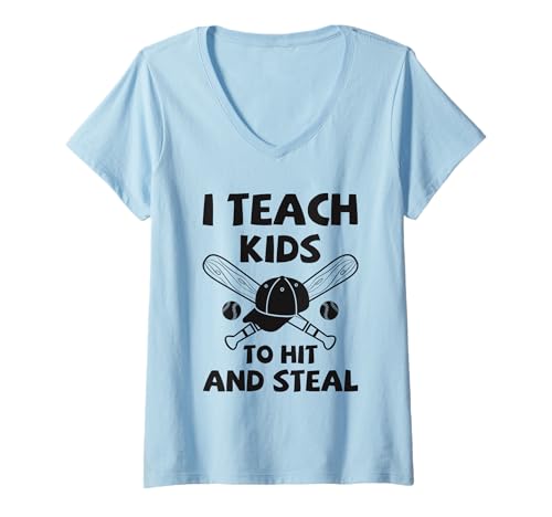 Damen Baseball Coach Kinder Training Hit and Steal Sports T-Shirt mit V-Ausschnitt von Funny Gifts For Baseball Coach