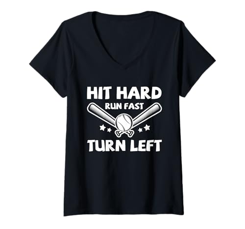 Damen Baseball-Hit Hard Run Fast Turn Links Abbiegen Lustiger Sport im Vintage-Stil T-Shirt mit V-Ausschnitt Damen Baseball-Hit Hard Run Fast Turn Links Abbiegen Lustiger Sport im Vintage-Stil T-Shirt mit V-Ausschnitt von Funny Gifts For Baseball Lovers