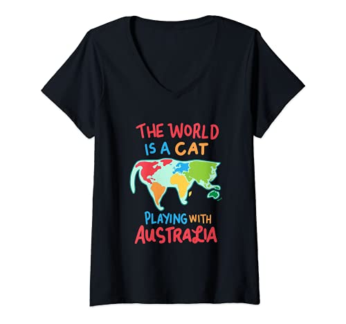 Damen The World Is A Cat Playing With Australia Reisegeschenk T-Shirt mit V-Ausschnitt von Funny Gifts For Cat Owner