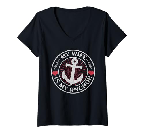 Damen My Wife is My Anchor Nautisches Thema Boot Bootfahren Segeln T-Shirt mit V-Ausschnitt von Funny Gifts For Husband From Wife