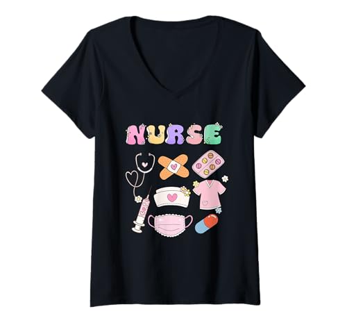 Damen Krankenschwester niedlich lustig medizinisches Krankenhaus Notfall Krankenpflege T-Shirt mit V-Ausschnitt von Funny Gifts For Nurses And Medical Staff