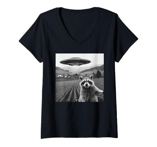 Damen Waschbär Selfie mit UFO Lustiges Alien Entführung Meme T-Shirt mit V-Ausschnitt Damen Waschbär Selfie mit UFO Lustiges Alien Entführung Meme T-Shirt mit V-Ausschnitt von Funny Gifts by TC