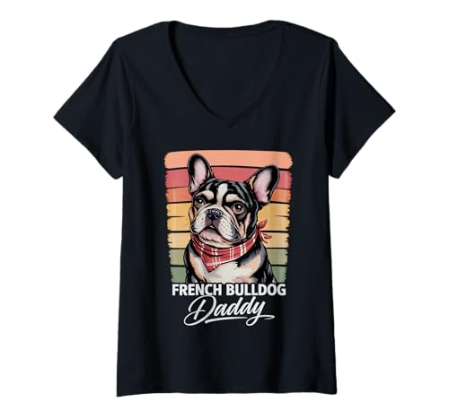 Damen Retro Frenchie Daddy Hundeliebhaber Vatertag Französische Bulldogge T-Shirt mit V-Ausschnitt von Funny Gifts for Frenchie Bulldog Lovers