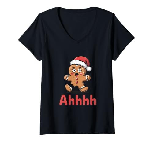 Damen Lebkuchenmann-Weihnachtsplätzchen T-Shirt mit V-Ausschnitt von Funny Gingerbread Christmas Clo.