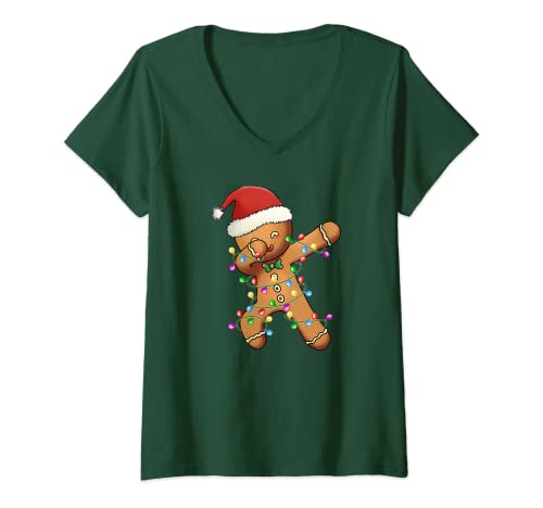 Damen Dabbing Lebkuchenmann in Weihnachtsmannmütze | Lebkuchenmann Weihnachten T-Shirt mit V-Ausschnitt, Grün, S von Funny Gingerbread Christmas