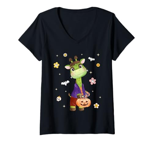 Damen Men Women Kids Groovy Retro Pumpkin Giraffe Spooky Halloween T-Shirt mit V-Ausschnitt von Funny Giraffe Boo Halloween Costume Animals Lover
