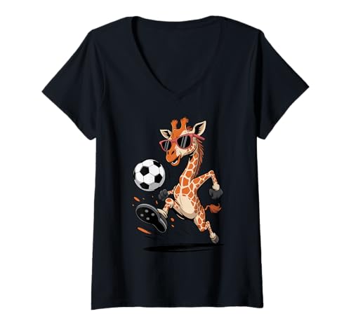 Damen Lustige Giraffe spielt Fußball Kunstwerk Cooles Tier T-Shirt mit V-Ausschnitt Damen Lustige Giraffe spielt Fußball Kunstwerk Cooles Tier T-Shirt mit V-Ausschnitt von Funny Giraffe Soccer Graphic