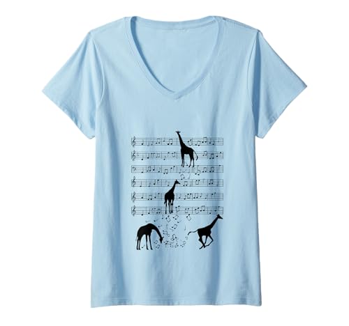Damen Giraffe Musik Tier Notenschlüssel Musiker T-Shirt mit V-Ausschnitt Damen Giraffe Musik Tier Notenschlüssel Musiker T-Shirt mit V-Ausschnitt von Funny Giraffe lover playing music notes music art