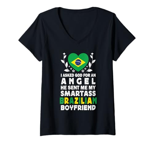 Damen Funny Smartass Brazilian Boyfriend Brazil Flag T-Shirt mit V-Ausschnitt Damen Funny Smartass Brazilian Boyfriend Brazil Flag T-Shirt mit V-Ausschnitt von Funny Girlfriend Boyfriend Novelty Tops 2