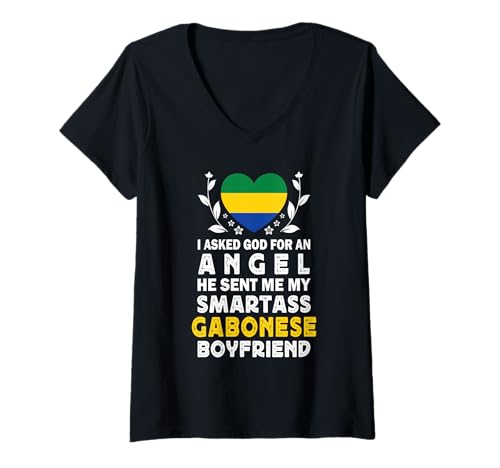 Damen Funny Smartass Gabonese Boyfriend Gabon Flag T-Shirt mit V-Ausschnitt von Funny Girlfriend Boyfriend Novelty Tops 2