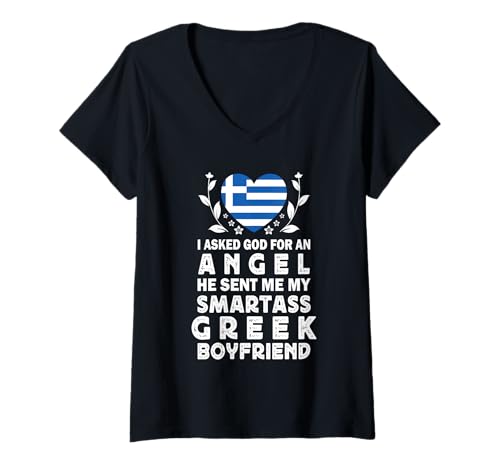 Damen Funny Smartass Greek Boyfriend Greece Flag T-Shirt mit V-Ausschnitt Damen Funny Smartass Greek Boyfriend Greece Flag T-Shirt mit V-Ausschnitt von Funny Girlfriend Boyfriend Novelty Tops 2