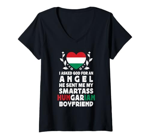 Damen Funny Smartass Hungarian Boyfriend Hungary Flag T-Shirt mit V-Ausschnitt Damen Funny Smartass Hungarian Boyfriend Hungary Flag T-Shirt mit V-Ausschnitt von Funny Girlfriend Boyfriend Novelty Tops 2