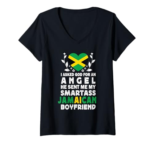 Damen Funny Smartass Jamaican Boyfriend Jamaica Flag T-Shirt mit V-Ausschnitt Damen Funny Smartass Jamaican Boyfriend Jamaica Flag T-Shirt mit V-Ausschnitt von Funny Girlfriend Boyfriend Novelty Tops 2