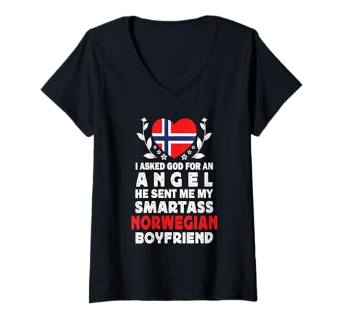 Damen Funny Smartass Norwegian Boyfriend Norway Flag T-Shirt mit V-Ausschnitt von Funny Girlfriend Boyfriend Novelty Tops 2