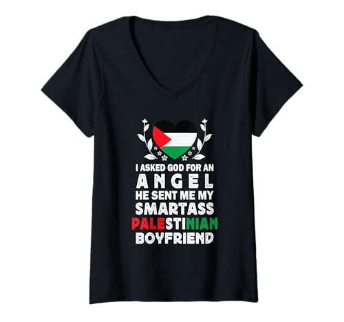 Damen Funny Smartass Palestinian Boyfriend Palestine Flag T-Shirt mit V-Ausschnitt Damen Funny Smartass Palestinian Boyfriend Palestine Flag T-Shirt mit V-Ausschnitt von Funny Girlfriend Boyfriend Novelty Tops 2