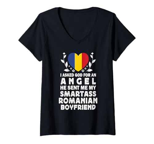 Damen Funny Smartass Romanian Boyfriend Romania Flag T-Shirt mit V-Ausschnitt Damen Funny Smartass Romanian Boyfriend Romania Flag T-Shirt mit V-Ausschnitt von Funny Girlfriend Boyfriend Novelty Tops 2