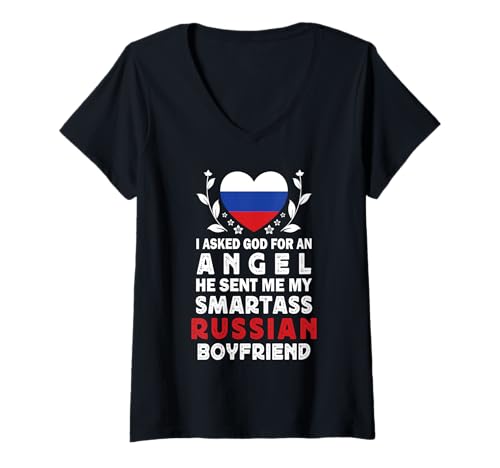 Damen Funny Smartass Russian Boyfriend Russia Flag T-Shirt mit V-Ausschnitt Damen Funny Smartass Russian Boyfriend Russia Flag T-Shirt mit V-Ausschnitt von Funny Girlfriend Boyfriend Novelty Tops 2