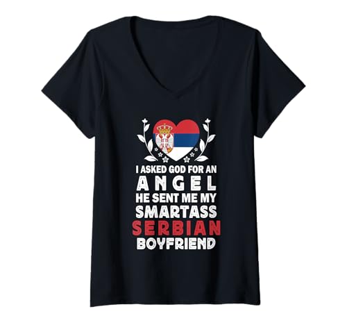 Damen Funny Smartass Serbian Boyfriend Serbia Flag T-Shirt mit V-Ausschnitt Damen Funny Smartass Serbian Boyfriend Serbia Flag T-Shirt mit V-Ausschnitt von Funny Girlfriend Boyfriend Novelty Tops 2