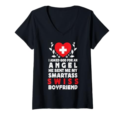 Damen Funny Smartass Swiss Boyfriend Switzerland Flag T-Shirt mit V-Ausschnitt von Funny Girlfriend Boyfriend Novelty Tops 2