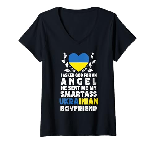 Damen Funny Smartass Ukrainian Boyfriend Ukraine Flag T-Shirt mit V-Ausschnitt von Funny Girlfriend Boyfriend Novelty Tops 2