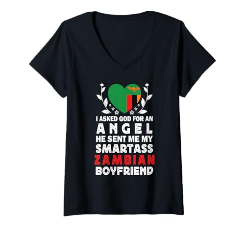 Damen Funny Smartass Zambian Boyfriend Zambia Flag T-Shirt mit V-Ausschnitt Damen Funny Smartass Zambian Boyfriend Zambia Flag T-Shirt mit V-Ausschnitt von Funny Girlfriend Boyfriend Novelty Tops 2