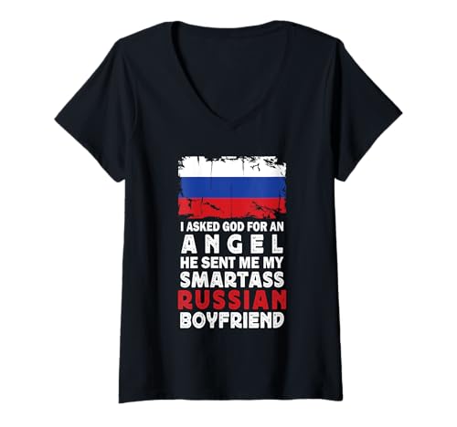 Damen Funny Smartass Russian Boyfriend Russia Flag T-Shirt mit V-Ausschnitt Damen Funny Smartass Russian Boyfriend Russia Flag T-Shirt mit V-Ausschnitt von Funny Girlfriend Boyfriend Novelty Tops ...