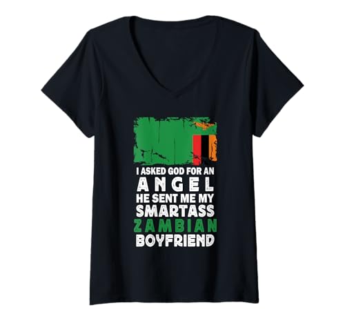 Damen Funny Smartass Zambian Boyfriend Zambia Flag T-Shirt mit V-Ausschnitt von Funny Girlfriend Boyfriend Novelty Tops ...