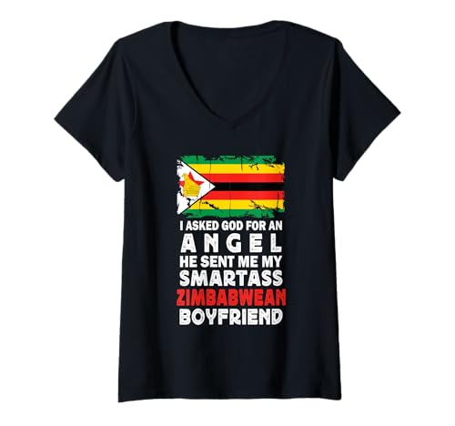 Damen Funny Smartass Zimbabwean Boyfriend Zimbabwe Flag T-Shirt mit V-Ausschnitt von Funny Girlfriend Boyfriend Novelty Tops ...