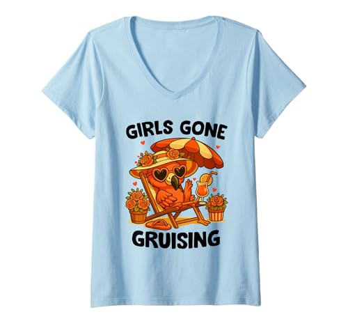 Damen Flamingo Girls Gone Cruising Bachelorette Cruise Squad T-Shirt mit V-Ausschnitt Damen Flamingo Girls Gone Cruising Bachelorette Cruise Squad T-Shirt mit V-Ausschnitt von Funny Girls Gone Cruising Tropical Vacation Crew