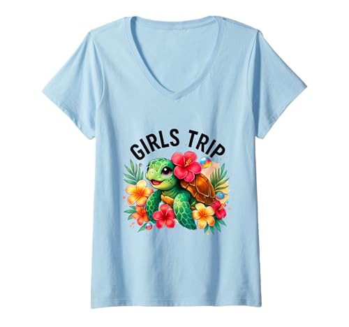 Damen Urlaub mit süßen Schildkröten für Mädchen mit tropischen Blumen T-Shirt mit V-Ausschnitt Damen Urlaub mit süßen Schildkröten für Mädchen mit tropischen Blumen T-Shirt mit V-Ausschnitt von Funny Girls Trip Group Vacation Outfit Turtle
