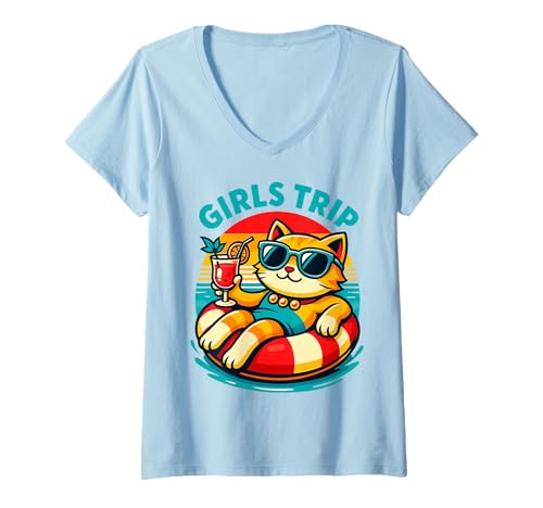 Damen Lustige Katze Mädchen Reise Urlaub T-Shirt mit V-Ausschnitt Damen Lustige Katze Mädchen Reise Urlaub T-Shirt mit V-Ausschnitt von Funny Girls Trip Tees Group Vacation Outfit