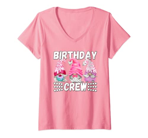 Damen Pink Birthday Crew For Women Brustkrebs-Bewusstseins-Zwerge T-Shirt mit V-Ausschnitt von Funny Gnome Birthday Crew Tees For Family