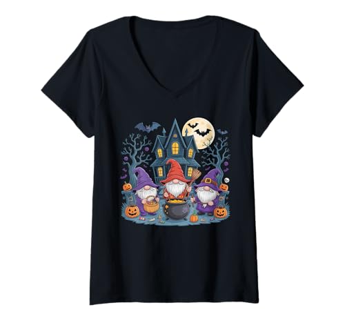 Damen Gruseliger Zwerg mit Kürbisgeist Herbst Herbst Urlaub 2025 T-Shirt mit V-Ausschnitt von Funny Gnome Halloween Costume Gifts Idea