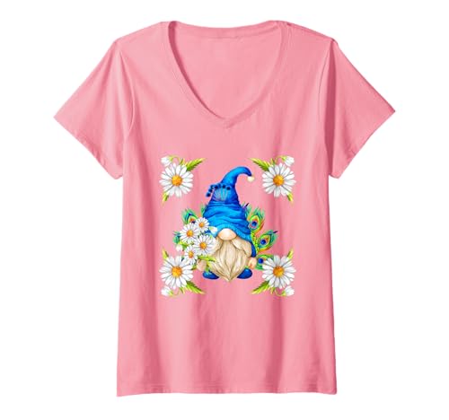 Damen Pink Peacock Stuff for Girls Floral Daisy Mom Summer GNOME T-Shirt mit V-Ausschnitt Damen Pink Peacock Stuff for Girls Floral Daisy Mom Summer GNOME T-Shirt mit V-Ausschnitt von Funny Gnome Peacock Gifts For Peacock Lovers