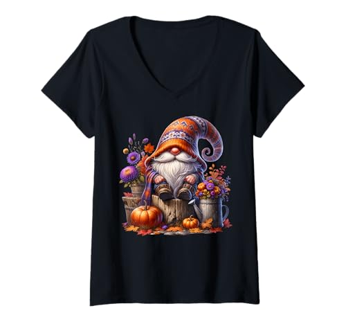 Damen Cute Fall Accessories for GNOME Lover Floral Autumn Pumpkin T-Shirt mit V-Ausschnitt Damen Cute Fall Accessories for GNOME Lover Floral Autumn Pumpkin T-Shirt mit V-Ausschnitt von Funny Gnomes And Fall Must Haves For Autumn Lover